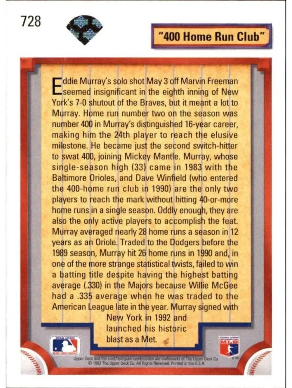 Eddie Murray 1992 Upper Deck MLB #728 Baseball Card New York Mets